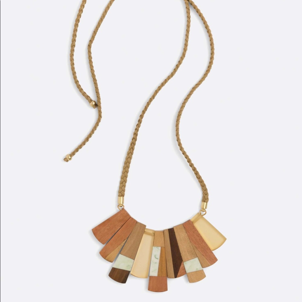 Noonday Collection Multi-Tone Wood and Stone Fan Necklace in Tan, Cream, Brown